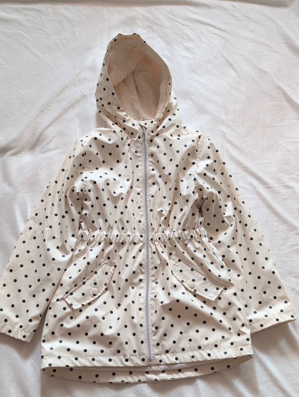 liv & Lottie Cream Polka Dot Hooded Raincoat - Black Dots
